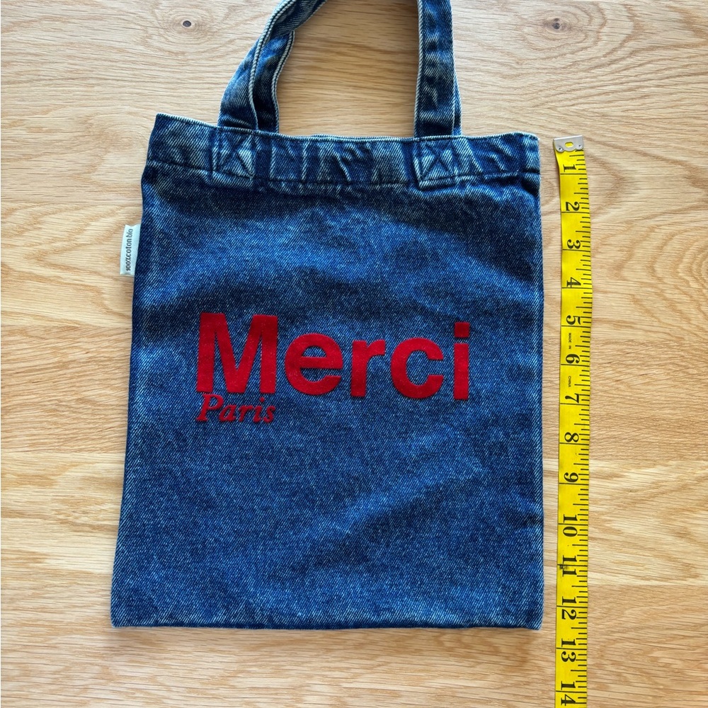 Merci Paris Denim Tote Bag with Red Logo